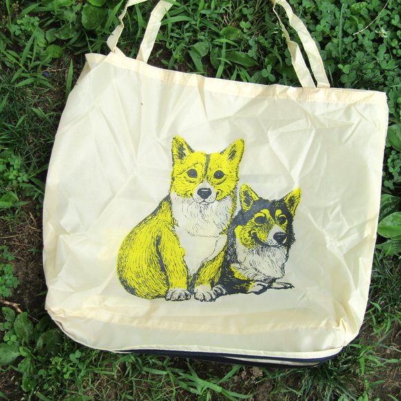 Vintage Umbrella Raining Cats and Dogs Cute Print with Tote 1970s Corgi Collie - Picture 7 of 9